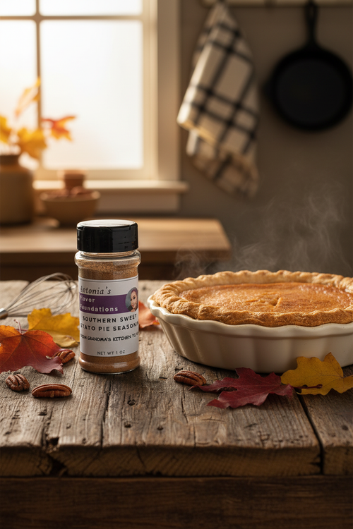Southern Sweet Potato Pie Seasoning in a lifestyle setting next to a freshly baked pie